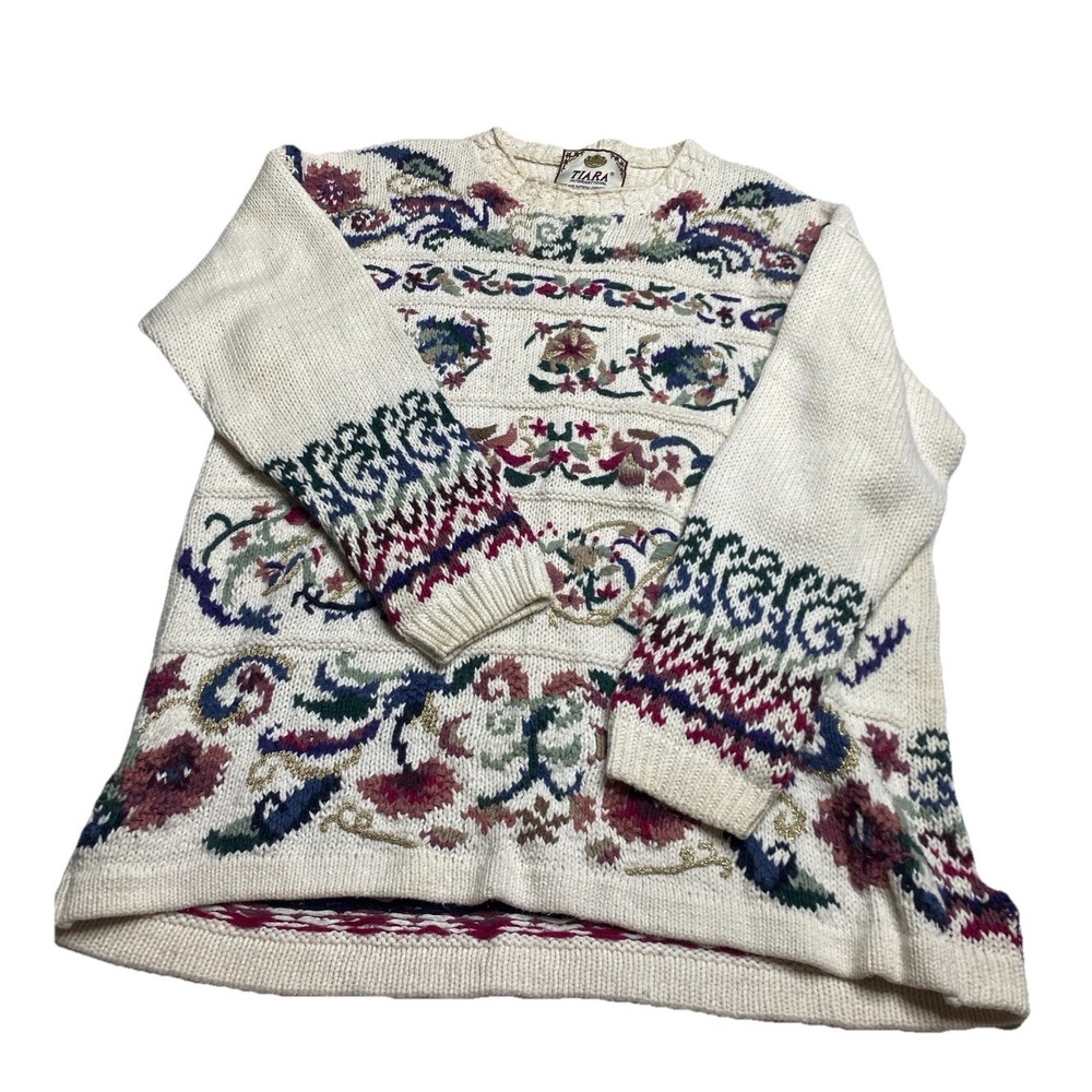 Tiara International Women's Sz L Floral Chunky Knit Sweater Ramie/Cotton VTG SEE